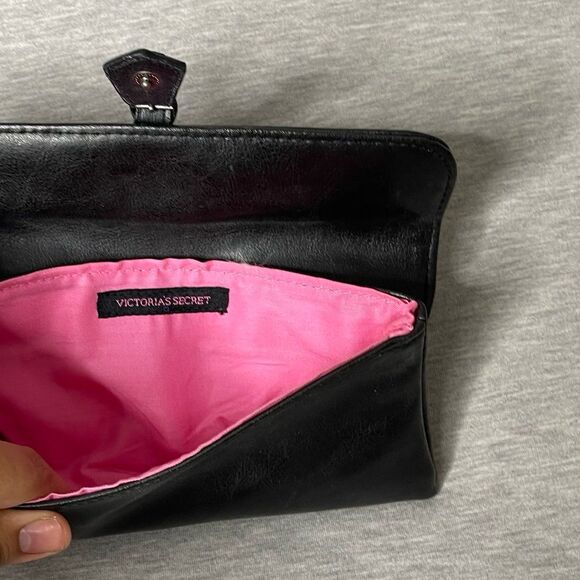Victoria's Secret Vintage Black Leather Belt Buckle Snap Closure Clutch - Picture 2 of 11